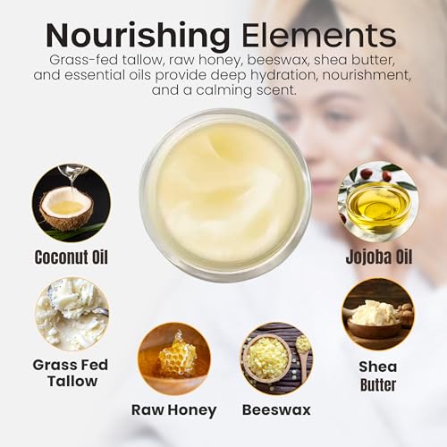 Organic Grass-Fed Beef Tallow Balm w/ Raw Honey, Beeswax, Coconut Oil, Shea Butter, Jojoba Oil - Moisturizer Cream for Face - Non Toxic Skincare for Sensitive Dry Skin, Hydration - (Lavender)