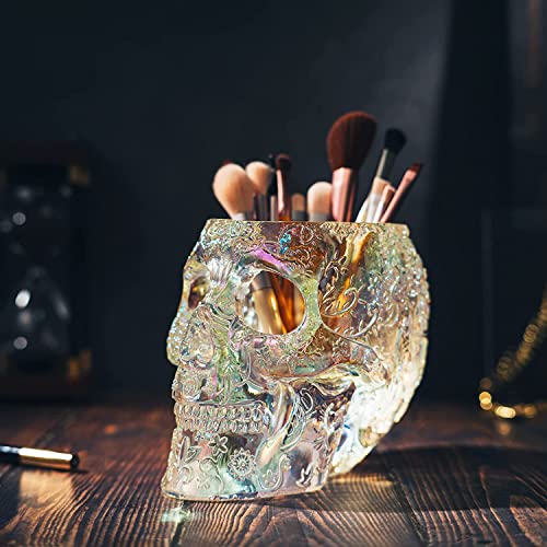 Iridescent Skull Makeup Brush Holder - Gothic Desk Organizer, Pen & Vanity Caddy