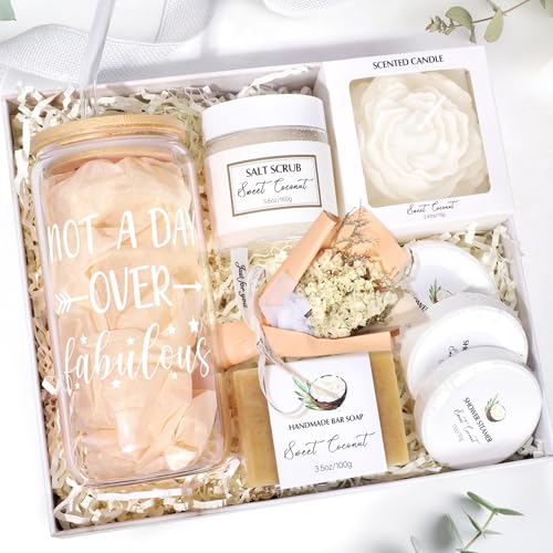 Spa Gift Baskets for Women, Sweet Coconut Birthday Gifts Baskets for Women, Spa Kit Gift Box, Bath and Body Relaxing Gifts Set for Mother Wife Sister Friends with Glass Cup Salt Scrub Shower Steamers