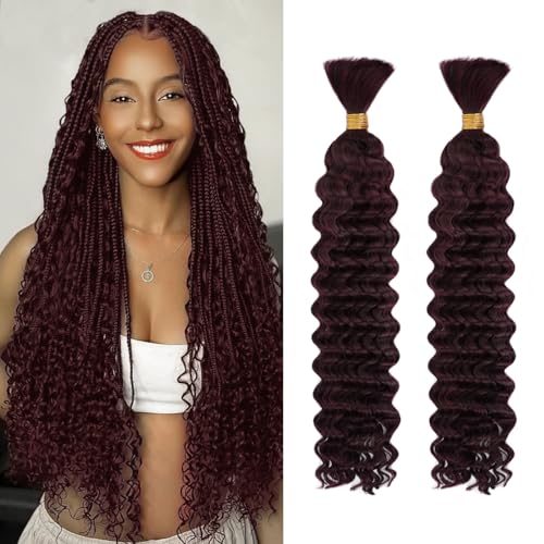 Deep Wave Human Braiding Hair 18 Inch 100G for Boho & Knotless Braids - Red Burgundy 2 Pack - 12A Virgin Brazilian Human Hair