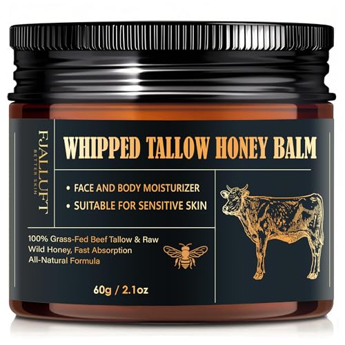 Beef Tallow and Honey Balm Moisturiser, Whipped Grass Fed with Raw Honey and Olive Oil, Anti-Aging Facial Cream, Unscented, 3 Ounce (Medium)
