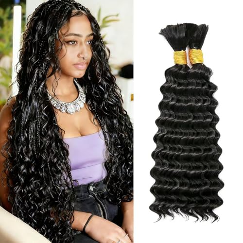 Black 16 Inch Human Hair Braids for Boho Styling - Deep Wave Bundles