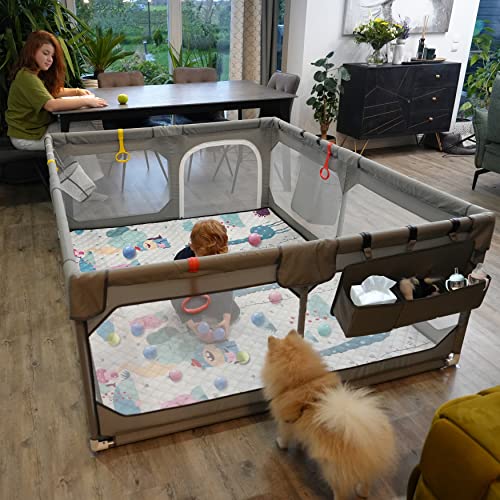 JINXIA Extra Large Baby Playpen with Mat 75x59in Grey, BPA-Free Safety Play Yard