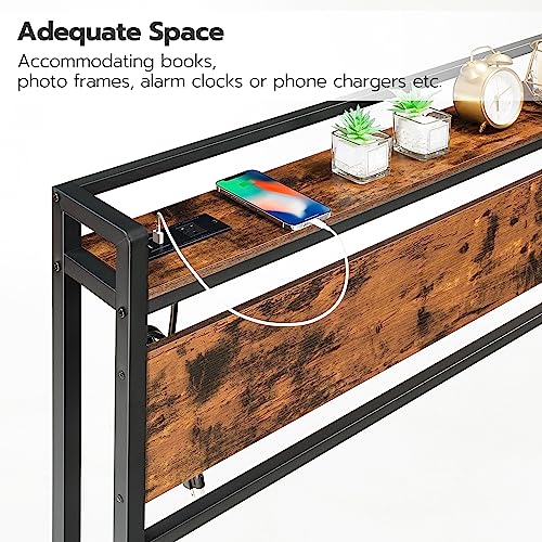 Queen Size Headboard with Outlets & USB Ports, Rustic Brown & Black, Adjustable Storage Rack