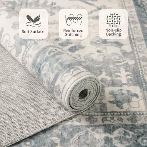 Washable 6x9 Boho Vintage Area Rug - Light Blue & Grey, Non-Slip, Low-Pile