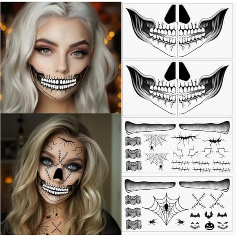 8 Sheets Halloween Temporary Face Tattoos Stickers,Mouth Scar Skeleton Hand Temporary Tattoos Adult, Body Makeup Cosplay Festival Rave Face Stickers Halloween Decorations