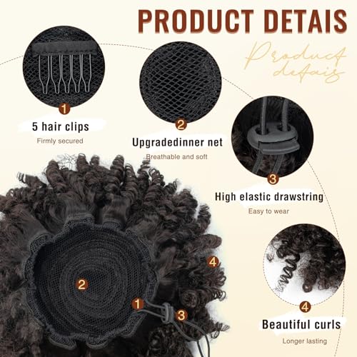 EonLuxe 04/10 Inch Dark Brown Afro Puff Drawstring Ponytail Extension for Black Women, Kinky Curly Synthetic Hair, Fluffy Protective Style