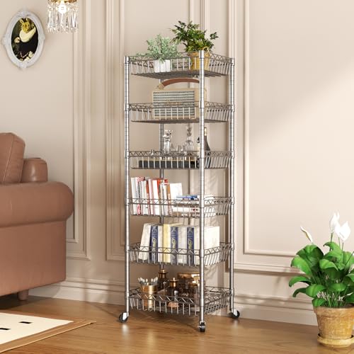 6-Tier Wire Shelf Rack - Adjustable Narrow Storage Shelves with Casters, Silver
