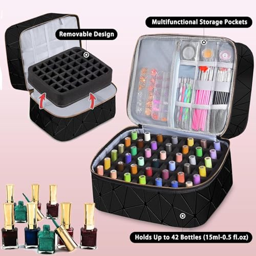 Yttriuny Black Nail Polish Organizer with UV Lamp & Manicure Tools, Holds 84 Bottles