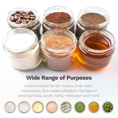 2 oz Glass Jars with Plastic Woodgrain Lids, Bumobum 48 pack Round Clear Cream Jars with Black and White Labels & Inner Liners, Empty Cosmetic Containers for Cream, Lotion, Ointment