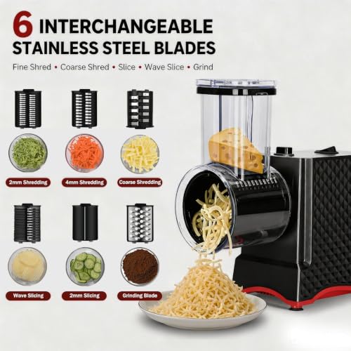 Electric Cheese Grater with 6 Interchangeable Blades for Vegetables & Cheese