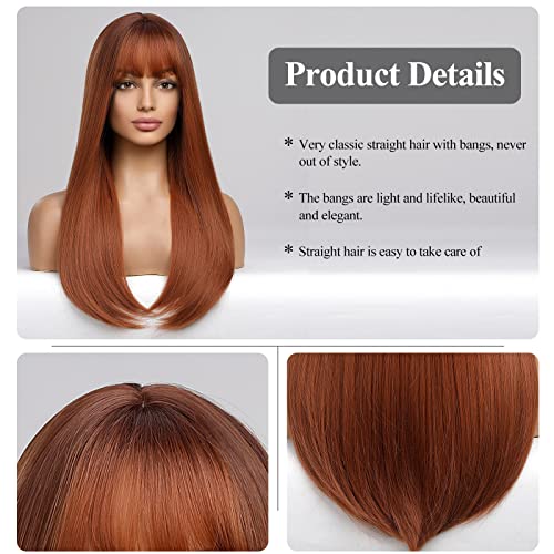 Auburn Long Straight Synthetic Wig with Bangs for Women - Heat-Resistant, Natural Look, 26 Inches