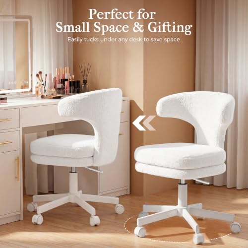 Snow White Teddy Fabric Office & Vanity Chair - Ergonomic Tall Desk Seat