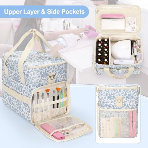 Relavel Nail Polish Organizer, Nail Bag Holds 80 to 100+ Bottles (15ml/0.5fl.oz) Nail Lamp, Nail Supplies Kit Gels Polish Storage Case with 2 Removable Pouches for Manicure Nail Tech Gifts (Floral)