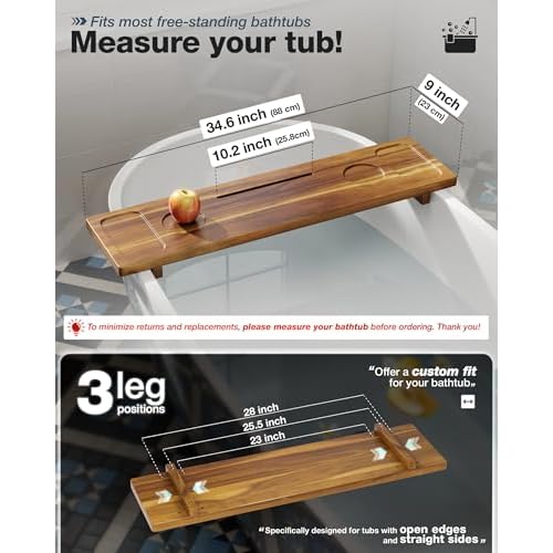Bathtub Tray, Acacia Bath Tray for Tub, 34.6''x9'' Wooden Bathtub Caddy Tray with Adjustable Legs Fit Various Bathtubs, Anti-Tipping, Sustainable Bath Table with Wine Glass and Tablet Holder