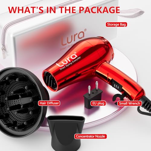 Mini Travel Hair Dryer Red - Compact 1200W Dual Voltage Foldable with Concentrator & Diffuser