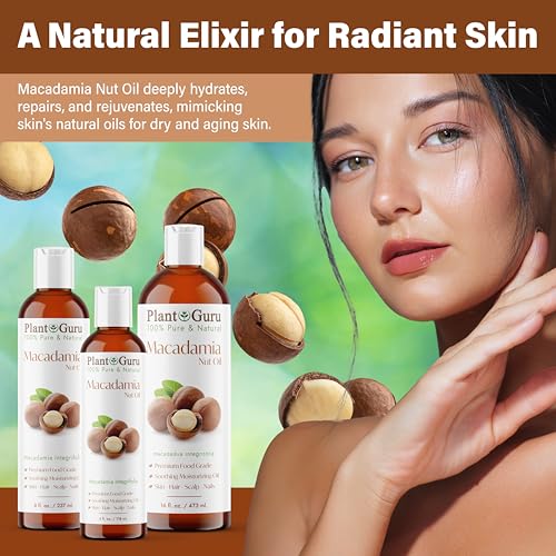 Plant Guru Macadamia Nut Oil 16 fl. oz. Cold Pressed 100% Pure Natural Carrier ? Skin, Face, Body, and Hair Moisturizer. Ideal for DIY Creams, Lotions, and Lip Balms