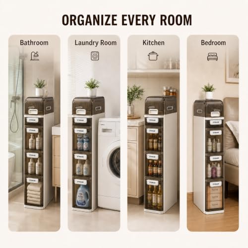 5-Tier Slim Bathroom Storage Cabinet with Drawers - Narrow Waterproof Rolling Organizer, No Assembly, 38.2"H