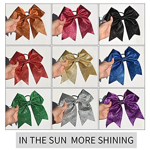 Cheerleader Hair Bows Set - Large Glitter Green Ponytail Holders with Elastic Band - 12 pcs