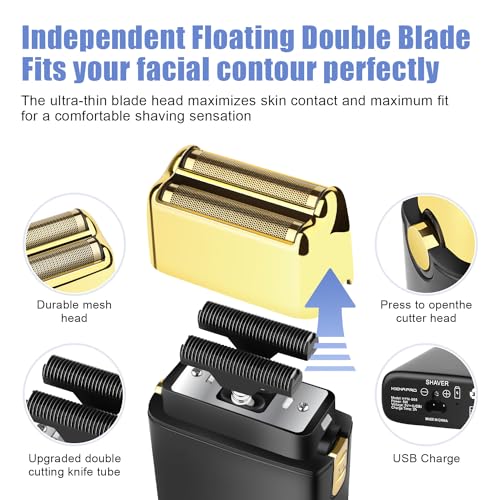 HIENA PRO Foil Shaver for Men Barber, Double Electric Foil Trimmer, Professional Electric Razor, Close Shaver, Cordless Rechargeable with USB, Black Gold
