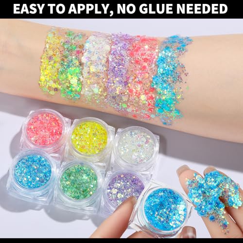 Teenitor 6 Colors Glow in The Dark Glitter Gel, Face Glitter Gel, Body Glitter Hair Glitter for Carnival Makeup UV Black Light Party Cheer Raves Festivals