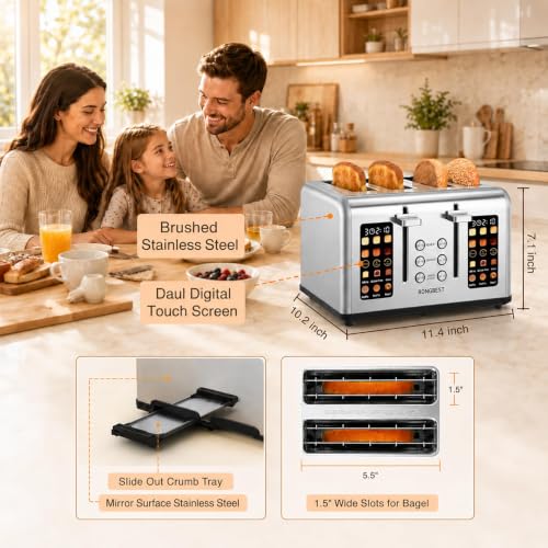 RONGBEST Silver 4-Slice Touch Screen Toaster with Wide Slots & Multiple Settings