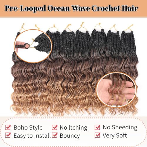 12 Inch Ocean Wave Crochet Hair Extensions - Deep Wavy, Pre-Looped Synthetic Braiding Hair, 8 Packs for Black Women, Boho Style