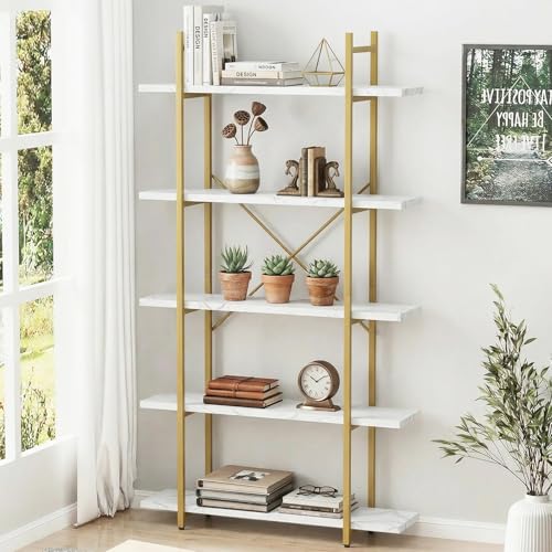 White Faux Marble 5-Tier Ladder Bookcase - Modern Open Storage Shelving Unit