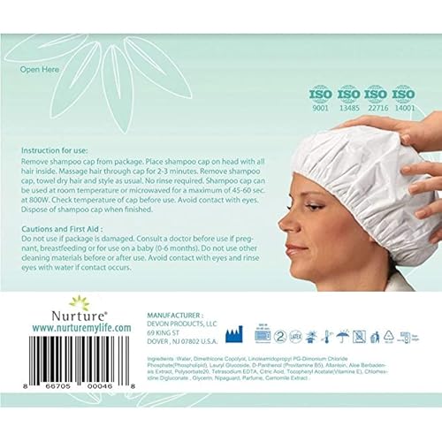 No Water Rinse Free Shampoo Cap by Nurture | Microwavable Washing & Conditioning Shower Caps to Wash Hair w/o Bath | Waterless Bathing | Disposable & Hypoallergenic for Adults, Bedridden & Elderly