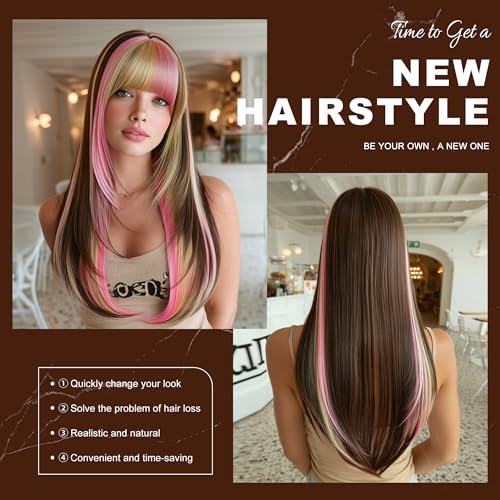 27 Inch Brown Layered Wig with Pink Blonde Highlights & Bangs - Pink Blonde Chunky Highlights