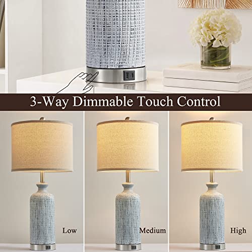 Blue Living Room Lamps Set of 2 - 27 Inch Touch Nightstand Lamps with USB Ports