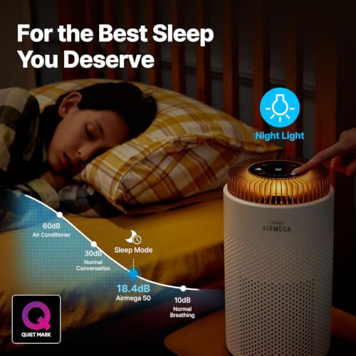 Air Purifier for Bedroom 500 sq ft HEPA & Deodorization Filter Night Light - White 50