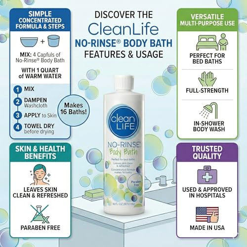 No-Rinse Body Bath Liquid 16oz Pack of 3 - Rinse-Free Post-Surgery & Elderly Care