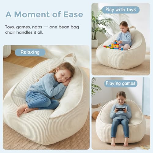 HUGHEAVEN Kids Bean Bag Chair Small Beige - Soft Cozy Reading Seat