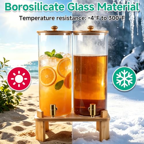 2 Gallon Beverage Dispenser Set with Bamboo Stand, Large Glass Water & Juice Container for Parties