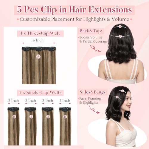 Clip-In Hair Extensions Short Hair Real Human Hair 14 Inch Medium Brown & Dark Blonde 4P27