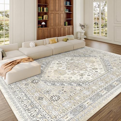 Zesthome 8x10 Beige/Gray Area Rug, Machine Washable Non-Slip Polyester
