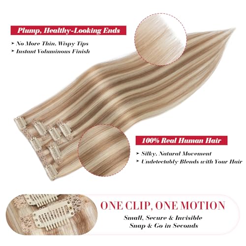 Short Clip-In Hair Extensions Real Remy Human Hair - 12 Inch Golden Brown Mix Bleach Blonde - 5 Pieces