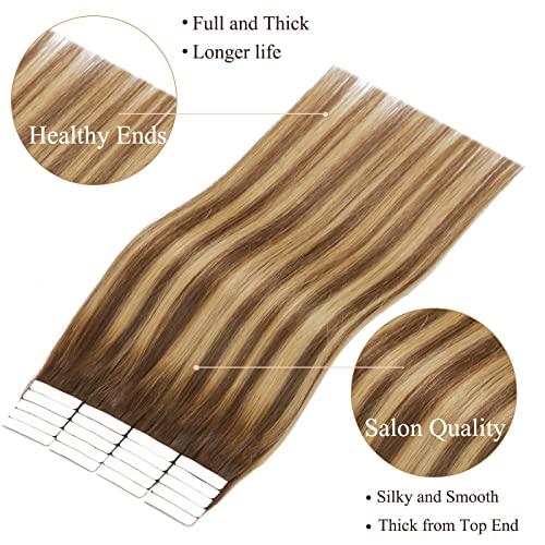 Hair Extensions Tape in Human Hair 14 Inch Chocolate Brown & Caramel Blonde - 20pcs