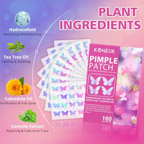 Acne Pimple Patches for Face (160 Counts), Hydrocolloid Acne Patches with Tea Tree Oil and Calendula Extract, Cute Colorful Butterfly Shape Spot Stickers for Skin Care, Zit Patches