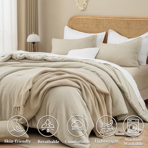 California King Linen Comforter Set with Waffle Weave - Summer Breathable Bedding