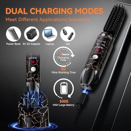 Beard Straightener for Men, Cordless Heated Beard Brush, Portable Beard Hot Combs, Ionic Mini Hair Straightener with 3 Temp Settings, Coarse Curly Hair Brush, Grooming Kit for Men