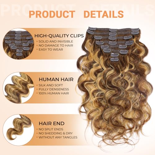Chocolate Brown to Caramel Blonde 18 Inch Clip In Hair Extensions - Body Wave, 8 Pcs, 80g