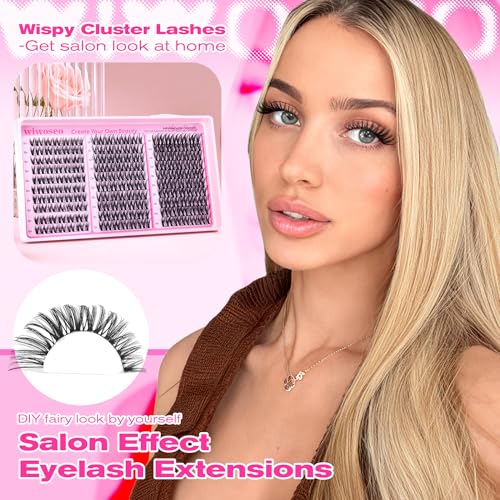 wiwoseo Flora Lash Clusters Kit Wispy Eyelash Clusters D Curly Flaunt Eyelash Extensions Kit DIY Lash Extension Kit Natural Individual Lashes Clusters with Clear Bond and Seal for Beginners (10-14MM)