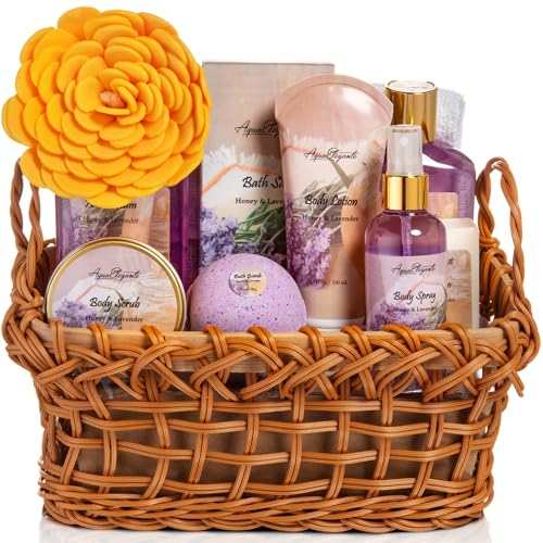 Spa Baskets For Women - Luxury Bath Set With Honey & Lavender - Spa Kit Includes Wash, Bubble Bath, Lotion, Bath Salts, Body Scrub, Body Spray, Shower Puff, Bathbombs, Soap and Towel