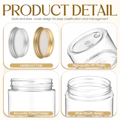 Mini Plastic Jars with Lids - 2 oz Clear Containers with Gold & Silver Aluminum Lids, Bulk 100 Pcs