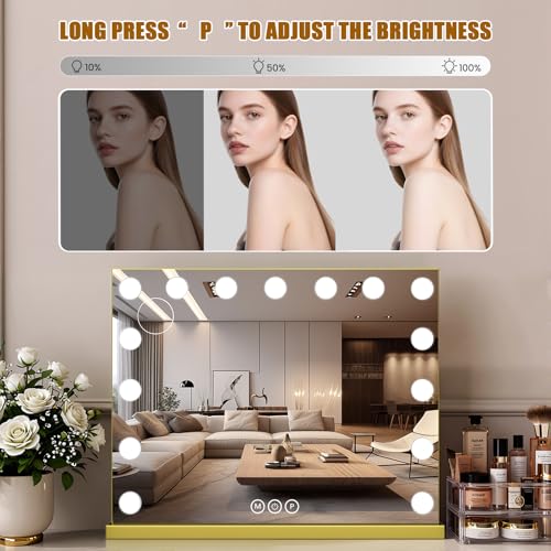 Vanity Mirror with Lights, 23"¡¿18" Large Hollywood Makeup Mirror with 15 Dimmable Bulbs, 3-Color Lighting, Dimmable, 10x Magnification, Desk Mirror, Bedroom (Gold)