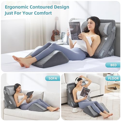 Grey 4-Piece Orthopedic Bed Wedge Pillow Set for Sleeping, Post Surgery Support