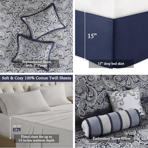 Navy Jacquard Comforter Set with Cotton Sheets - 12 Piece Queen, Variation of Navy Biab