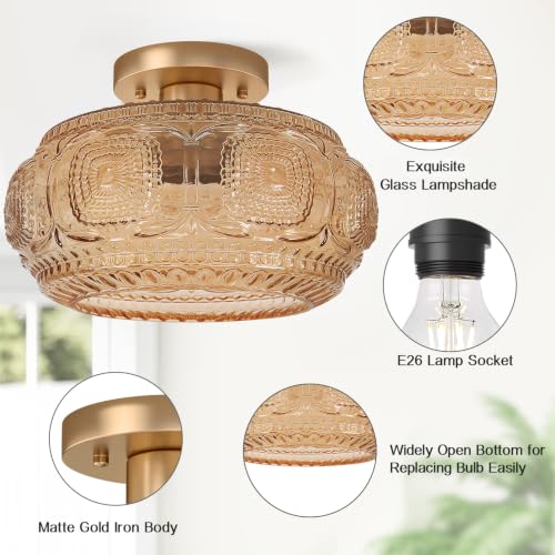 12 Inch Amber Mid Century Glass Semi Flush Mount Ceiling Light Fixture - OYKYOHEI
